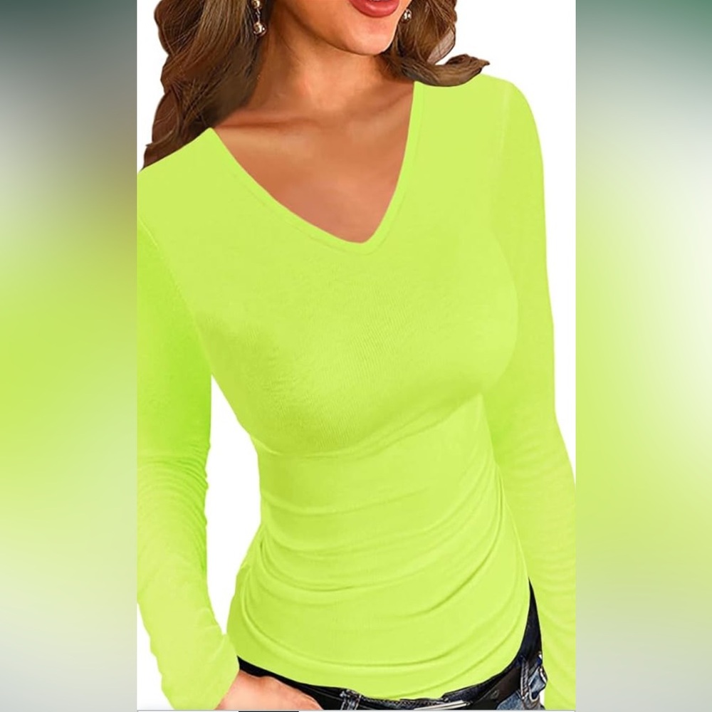Women's Neon Green V-Neck Ribbed Long Sleeve Top Slim Fit